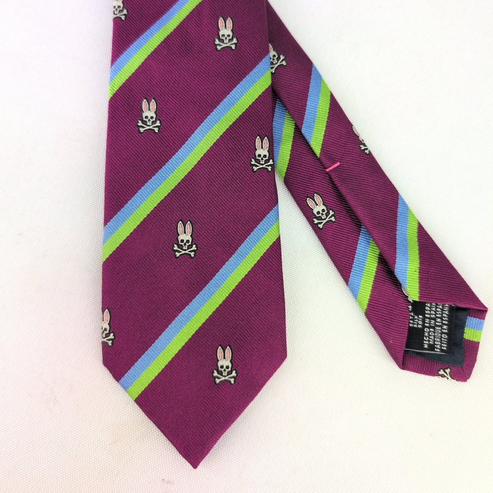 Psycho Bunny Silk Tie Purple Green Blue Striped Skull Logo Made in Spain